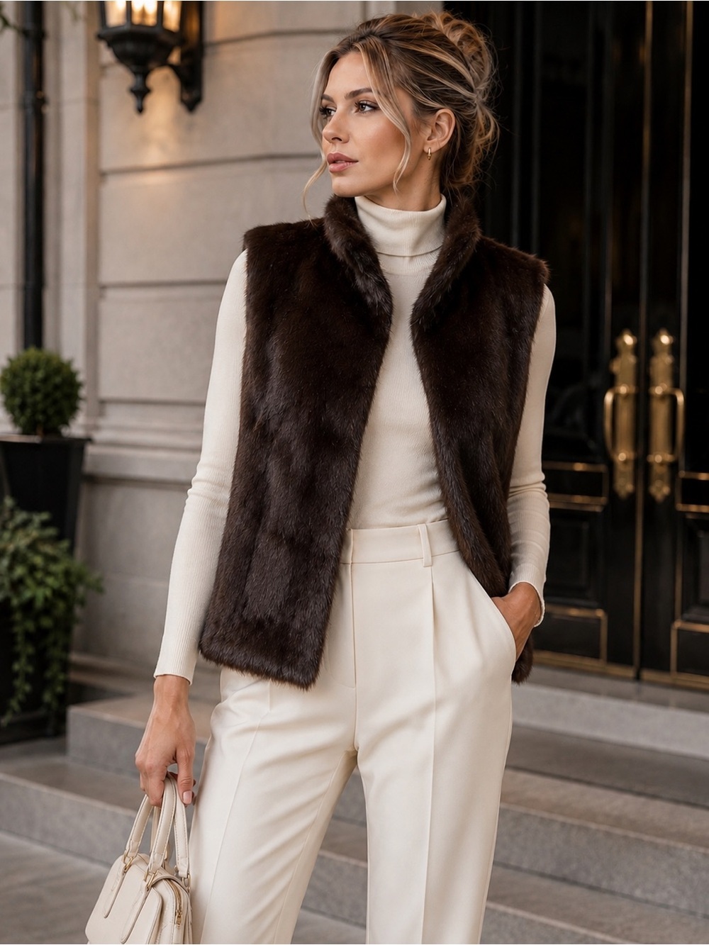 Adrienne Landau Genuine Rabbit Fur Vest Brown Size Medium Luxury Fur